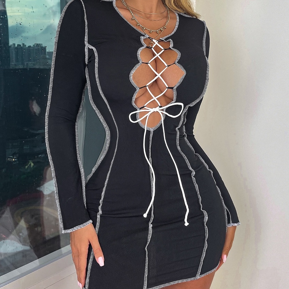 Lace Up Front Top-stitching Bodycon Dress